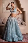 Pomcha Jaipur_Blue Silk Gota Patti V-neck Powder Lehenga Set _Online_at_Aza_Fashions