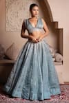 Buy_Pomcha Jaipur_Blue Silk Gota Patti V-neck Powder Lehenga Set _Online_at_Aza_Fashions