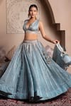 Buy_Pomcha Jaipur_Blue Silk Gota Patti V-neck Powder Lehenga Set 