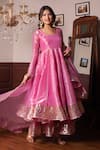 Buy_Pomcha Jaipur_Pink Silk Zari Round Neck Cosmos Anarkali Set _at_Aza_Fashions
