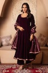 Buy_Pomcha Jaipur_Burgundy Velvet, Silk Gota Patti Round Neck Anarkali Set _at_Aza_Fashions