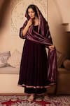 Shop_Pomcha Jaipur_Burgundy Velvet, Silk Gota Patti Round Neck Anarkali Set _Online_at_Aza_Fashions