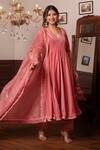 Pomcha Jaipur_Peach Velvet, Silk Gota Patti V-neck Anarkali Set _Online_at_Aza_Fashions