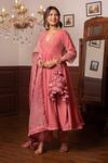 Buy_Pomcha Jaipur_Peach Velvet, Silk Gota Patti V-neck Anarkali Set _at_Aza_Fashions