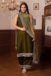 Buy_Pomcha Jaipur_Green Velvet, Net Gota Patti Round Neck Kurta Set _at_Aza_Fashions