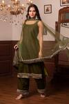 Pomcha Jaipur_Green Velvet, Net Gota Patti Round Neck Kurta Set _Online_at_Aza_Fashions