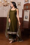 Pomcha Jaipur_Green Velvet, Net Gota Patti Round Neck Kurta Set _at_Aza_Fashions