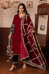 Pomcha Jaipur_Maroon Velvet Gota Patti, Embroidery V-neck Kurta Pant Set _Online_at_Aza_Fashions
