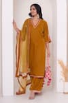 Pomcha Jaipur_Mustard Velvet, Net Gota Patti V-neck Kurta Pant Set _Online_at_Aza_Fashions