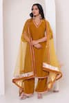 Buy_Pomcha Jaipur_Mustard Velvet, Net Gota Patti V-neck Kurta Pant Set _Online_at_Aza_Fashions
