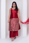 Pomcha Jaipur_Red Taffeta, Silk, Net Gota Patti Square Neck Kurta Pant Set _Online_at_Aza_Fashions