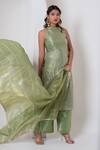 Pomcha Jaipur_Green Silk Gota Patti Halter Neck Kurta Set _Online_at_Aza_Fashions