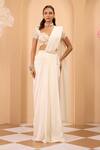 Shop_One Knot One By Ashna_Ivory Organza, Silk Sequins, Embroidery Sweetheart Neck Blouse And Drape Saree Set _at_Aza_Fashions
