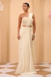 Buy_One Knot One By Ashna_Ivory Net, Organza Embroidery Square Neck Pre-draped Saree And Corset Blouse _at_Aza_Fashions