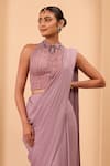 One Knot One By Ashna_Purple Georgette, Tulle Embroidery, Sequins Round Foil Pre-draped Saree Set _Online_at_Aza_Fashions