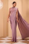 Shop_One Knot One By Ashna_Purple Georgette, Tulle Embroidery, Sequins Round Foil Pre-draped Saree Set _Online_at_Aza_Fashions