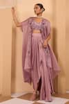 Shop_One Knot One By Ashna_Purple Crepe, Silk Satin Sequins, Embroidery V-neck, Open Cape And Drape Skirt Set _Online_at_Aza_Fashions