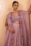 One Knot One By Ashna_Purple Crepe, Silk Satin Sequins, Embroidery V-neck, Open Cape And Drape Skirt Set _at_Aza_Fashions