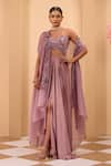 Shop_One Knot One By Ashna_Purple Crepe, Silk Satin Sequins, Embroidery V-neck, Open Cape And Drape Skirt Set 