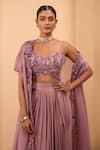One Knot One By Ashna_Purple Crepe, Silk Satin Sequins, Embroidery V-neck, Open Cape And Drape Skirt Set _Online