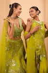 One Knot One By Ashna_Green Silk, Net Sequins, Embroidery, Beads V-neck Lehenga Set _at_Aza_Fashions