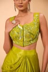 Buy_One Knot One By Ashna_Green Silk Embroidery Square Neck Blouse And Draped Skirt _Online_at_Aza_Fashions