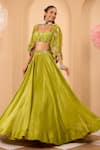 Buy_One Knot One By Ashna_Green Tissue, Crepe Sequins, Beads, Embroidery Designer Lehenga Set With Cape _Online_at_Aza_Fashions