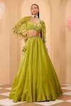Buy_One Knot One By Ashna_Green Tissue, Crepe Sequins, Beads, Embroidery Designer Lehenga Set With Cape _at_Aza_Fashions