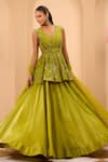 Buy_One Knot One By Ashna_Green Tissue, Silk, Net Embroidery, Sequins V-neck Peplum Kurta Lehenga Set _Online_at_Aza_Fashions