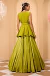 One Knot One By Ashna_Green Tissue, Silk, Net Embroidery, Sequins V-neck Peplum Kurta Lehenga Set _Online_at_Aza_Fashions