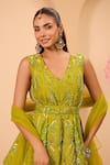 Buy_One Knot One By Ashna_Green Tissue, Silk, Net Embroidery, Sequins V-neck Peplum Kurta Lehenga Set 