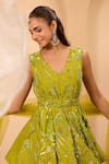 Shop_One Knot One By Ashna_Green Tissue, Silk, Net Embroidery, Sequins V-neck Peplum Kurta Lehenga Set 