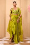 One Knot One By Ashna_Green Silk Beads, Embroidery V-, Open Drape Skirt And Cape Set _at_Aza_Fashions