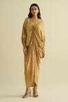 Buy_Meesa_Beige Crepe Embroidery V-neck Embellished Designer Kaftan _at_Aza_Fashions