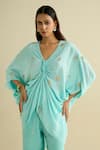 Meesa_Aqua Crepe Embroidery V-neck Blue Designer Tunic And Pant Set _Online_at_Aza_Fashions