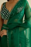 Buy_Meesa_Green Organza, Chanderi Silk Sequins, Beads V-neck Pre-draped Saree With Blouse _Online_at_Aza_Fashions