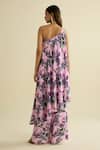 Shop_Meesa_Pink Crepe One Shoulder Floral Print Tunic And Pant Set _at_Aza_Fashions