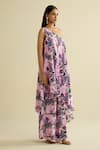 Meesa_Pink Crepe One Shoulder Floral Print Tunic And Pant Set _Online_at_Aza_Fashions