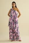 Buy_Meesa_Pink Crepe One Shoulder Floral Print Tunic And Pant Set _at_Aza_Fashions