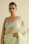 Shop_Meesa_Green Organza, Chanderi Silk Sequins, Beads Round Embellished Sage Saree Set _Online_at_Aza_Fashions