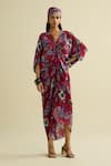Buy_Meesa_Maroon Crepe Tassels V-neck Floral Printed Kaftan _at_Aza_Fashions