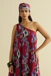 Meesa_Maroon Crepe Asymmetric Floral Tunic And Pant Set _Online_at_Aza_Fashions
