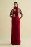 Buy_Meesa_Maroon Georgette, Chanderi Silk Embroidery Round Neck, Saree And Jacket Set _at_Aza_Fashions