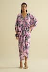 Buy_Meesa_Pink Crepe V-neck Floral Print Kaftan _at_Aza_Fashions