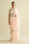 Buy_Meesa_Pink Organza Pearls, Embroidery Round Neck Saree And Blouse Set _at_Aza_Fashions