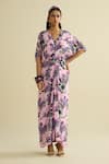 Buy_Meesa_Pink Crepe V-neck Floral Print Kaftan _at_Aza_Fashions