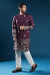 Buy_Arihant Rai Sinha_Wine Silk Embroidery Sherwani Set _Online_at_Aza_Fashions