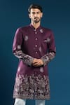 Shop_Arihant Rai Sinha_Wine Silk Embroidery Sherwani Set _Online_at_Aza_Fashions