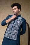 Shop_Priyanka Haralalka_Navy Cotton, Silk Embroidery Blue Nehru Jacket Set _Online_at_Aza_Fashions