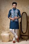 Buy_Priyanka Haralalka_Navy Cotton, Silk Embroidery Blue Nehru Jacket Set _at_Aza_Fashions